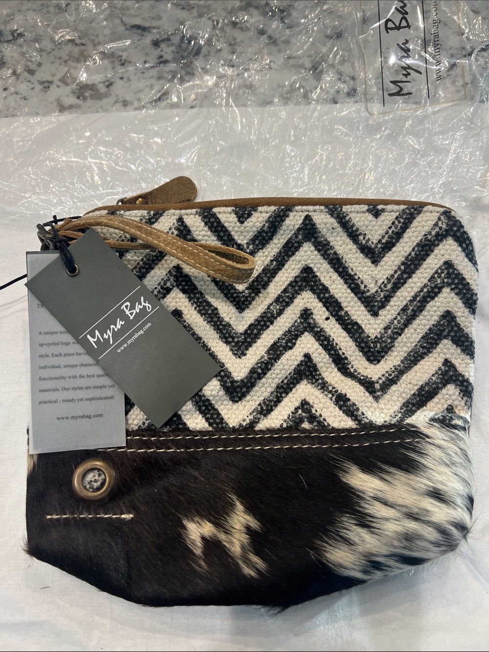 Myra Bag Black & Cream Chevron Cowhide Wristlet